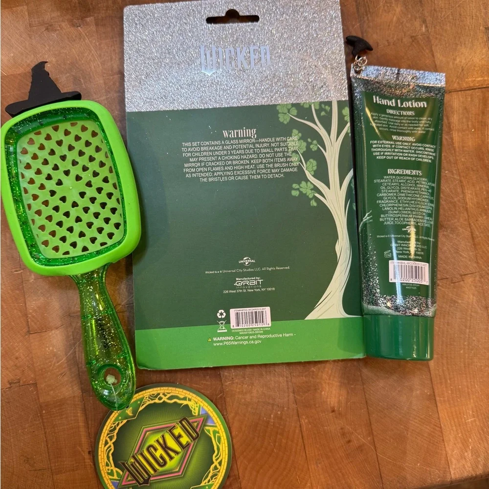 Wicked Green Hair Brush & Mirror Comb Combo with Watermelon Hand Lotion NEW